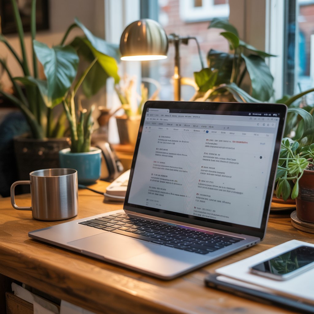 SEO for beginners Laptop on a desk suggesting search results while planning website SEO in warm light.