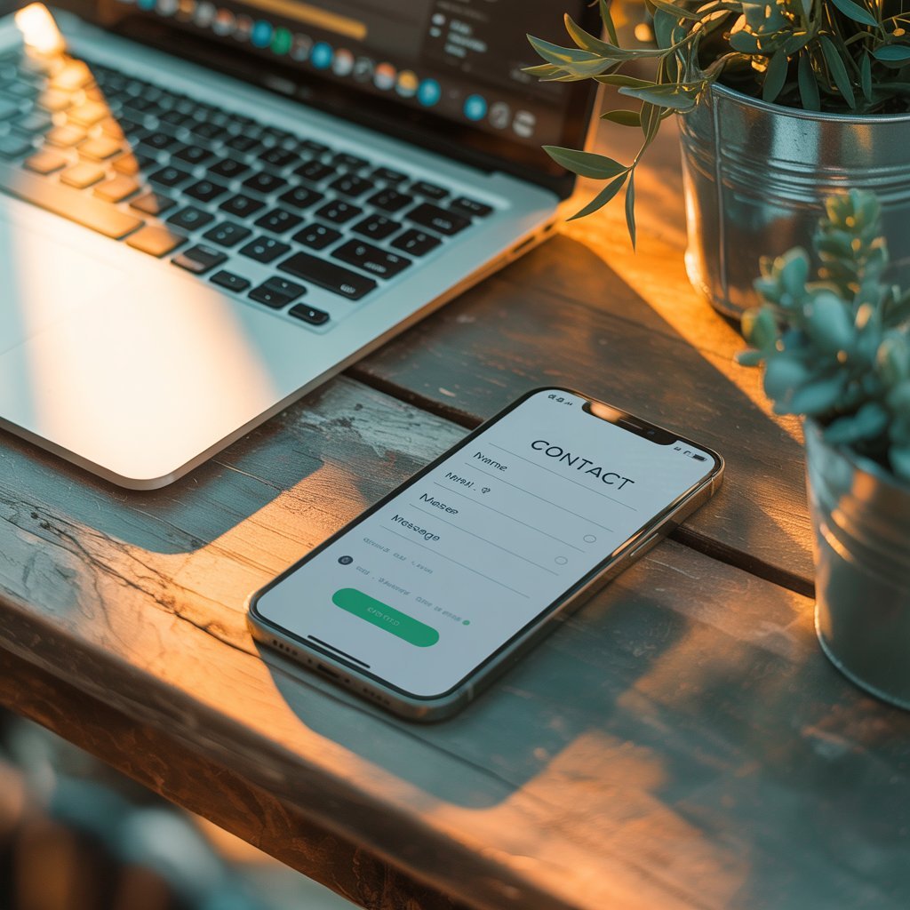 What to include on a website Phone and laptop showing a simple contact form setup on a hallway table in warm light.