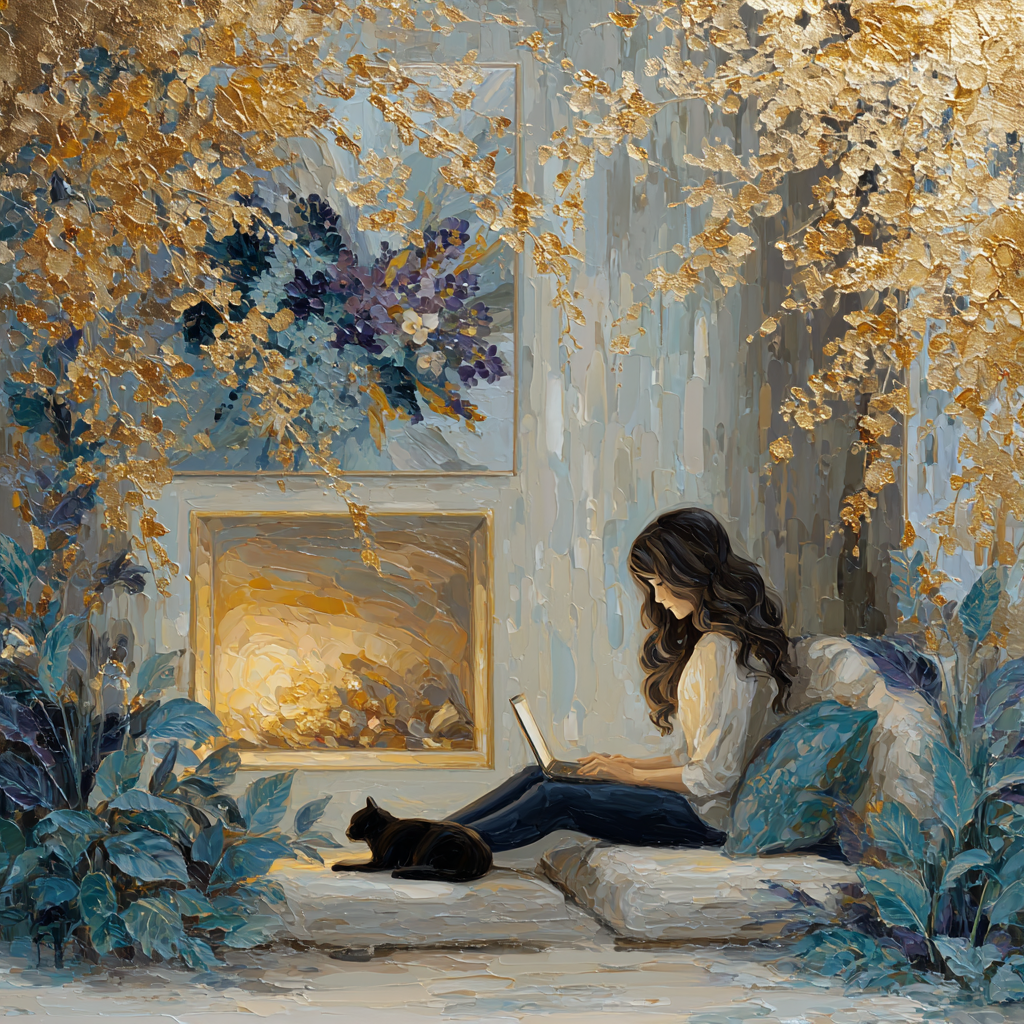 how to start a blog on your website Jenny planning blog categories on her laptop with Clover beside her in a cosy workspace.