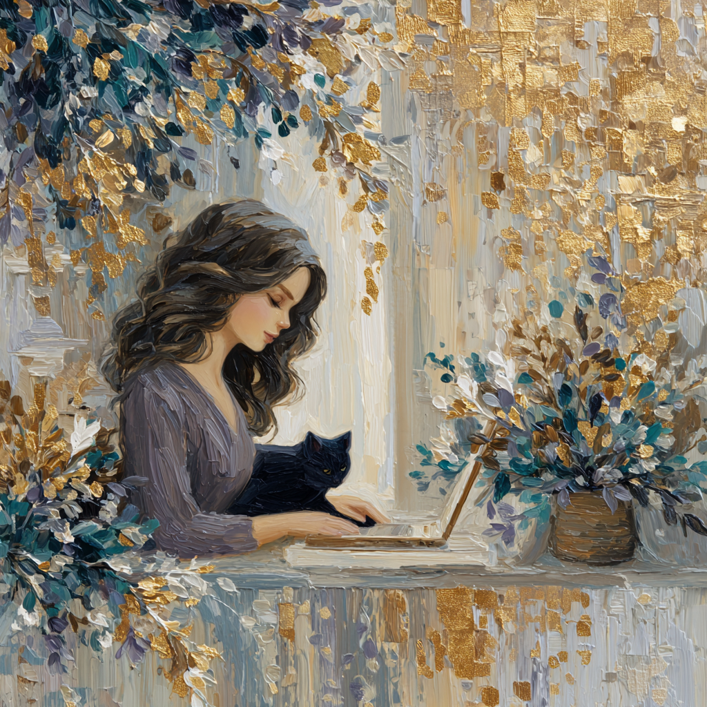 how much does a website cost in the uk. Jenny works on a website budget on her laptop while her black cat Clover rests beside her in a cosy plant filled home office.