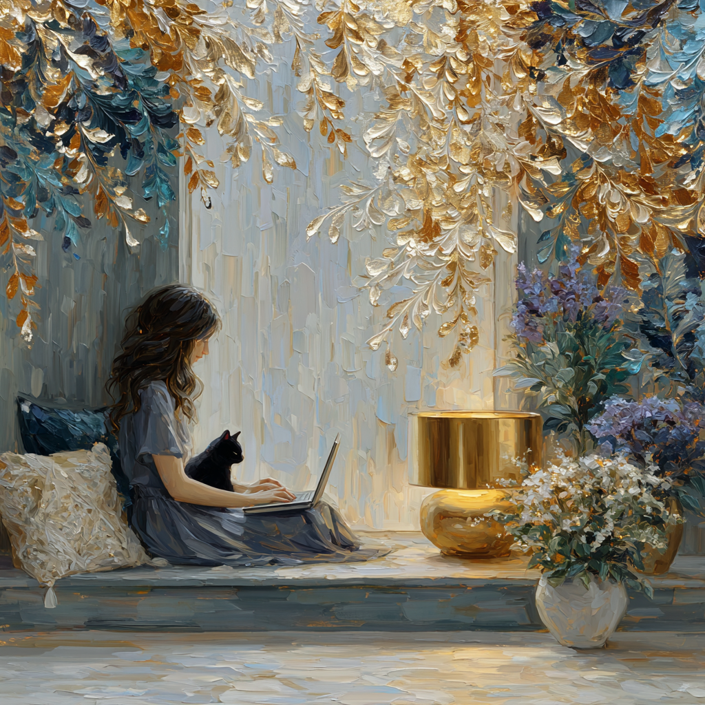 What to include on a website Jenny working on a website checklist with Clover beside her in a cosy plant filled nook.