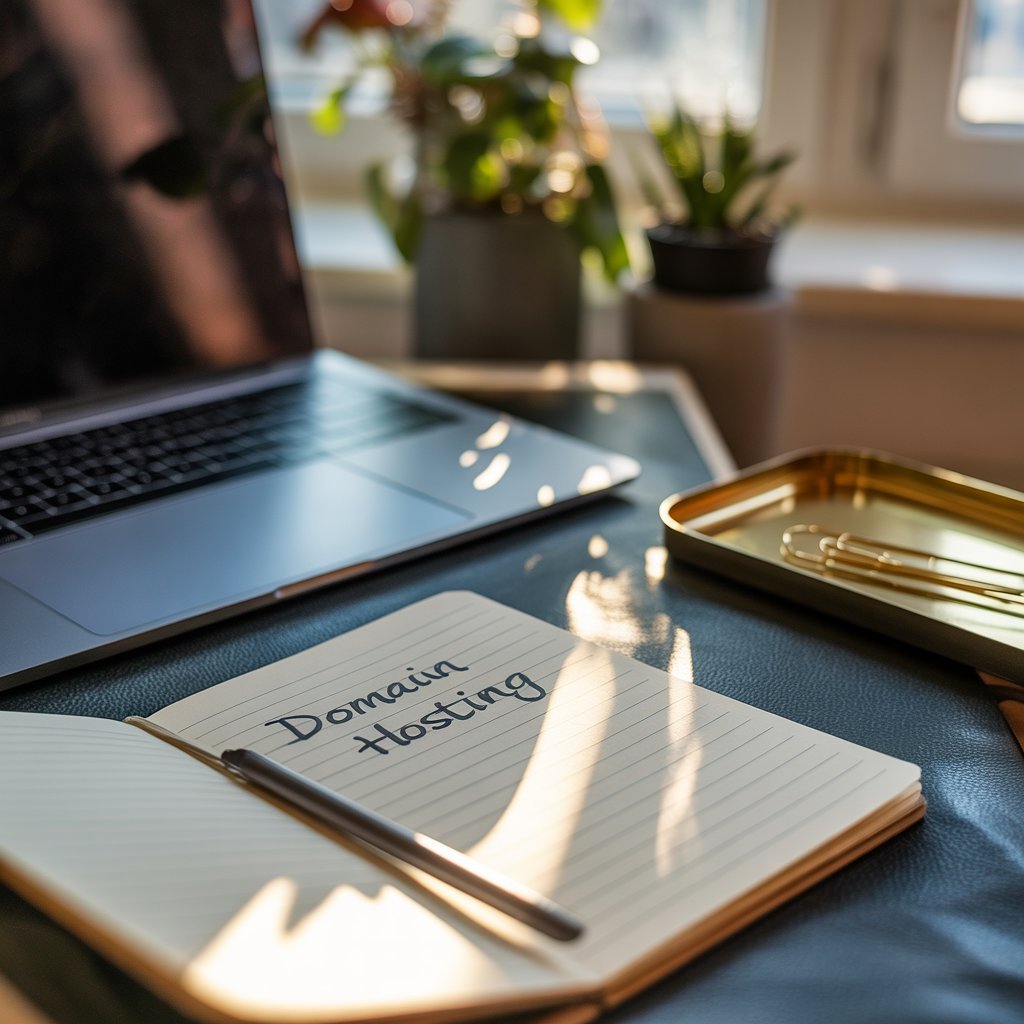 how much does a website cost in the uk. Notebook with handwritten notes about domain and hosting costs beside a laptop on a tidy desk with soft window light and houseplants.