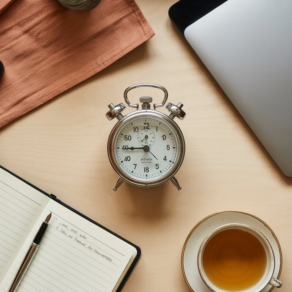 side hustle one hour a day Side view of an open notebook with a handwritten seven-day plan, a fountain pen resting on the page, and an analogue clock in the background.