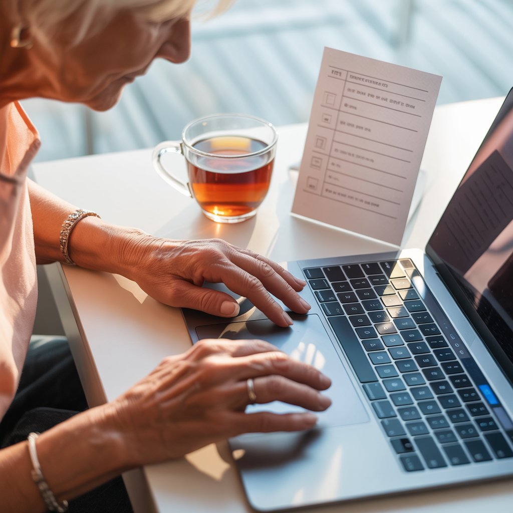 gentle online business for seniors Older woman's hands resting on a laptop keyboard with a cup of tea and a short to-do list nearby, suggesting a calm working pace.