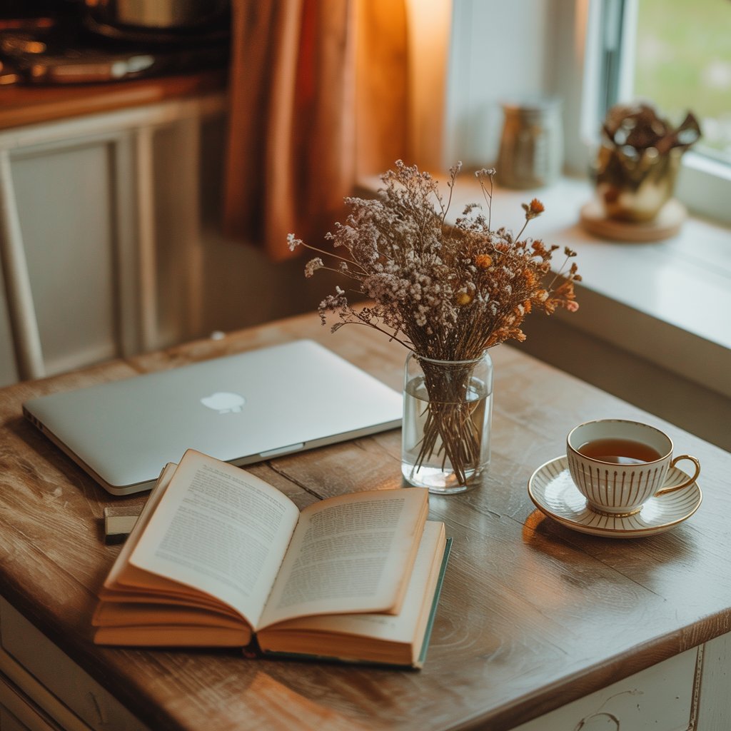 gentle online business for seniors A cottage kitchen table with a closed laptop, a paperback book, dried wildflowers, and an empty teacup, suggesting a finished work session.