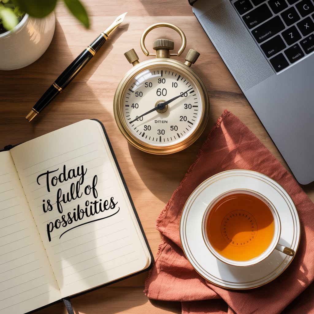 side hustle one hour a day Side view of an open notebook with a handwritten seven-day plan, a fountain pen resting on the page, and an analogue clock in the background.