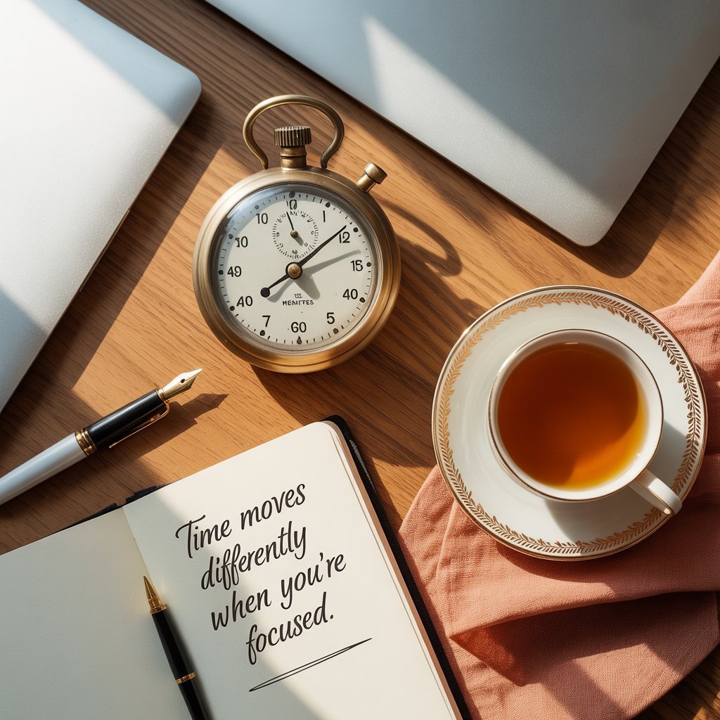 side hustle one hour a day Side view of an open notebook with a handwritten seven-day plan, a fountain pen resting on the page, and an analogue clock in the background.