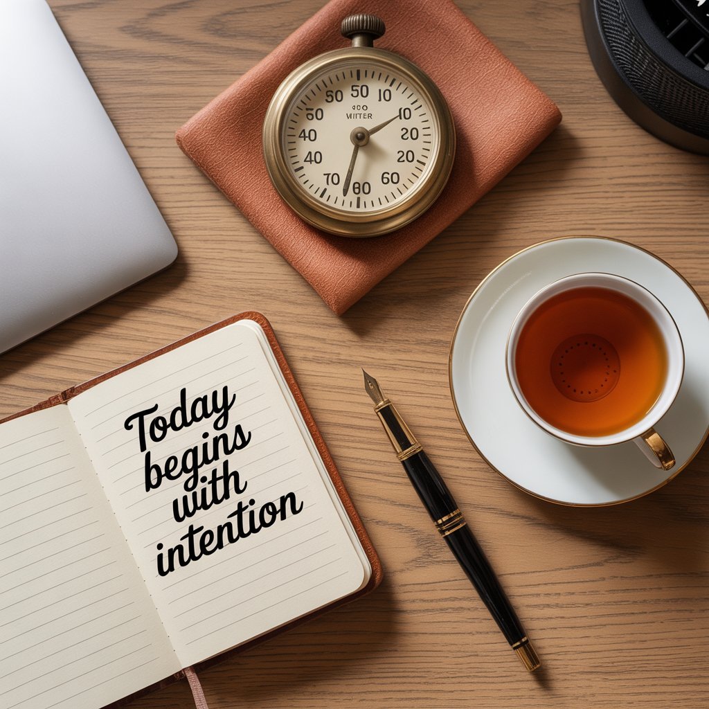 side hustle one hour a day Side view of an open notebook with a handwritten seven-day plan, a fountain pen resting on the page, and an analogue clock in the background.