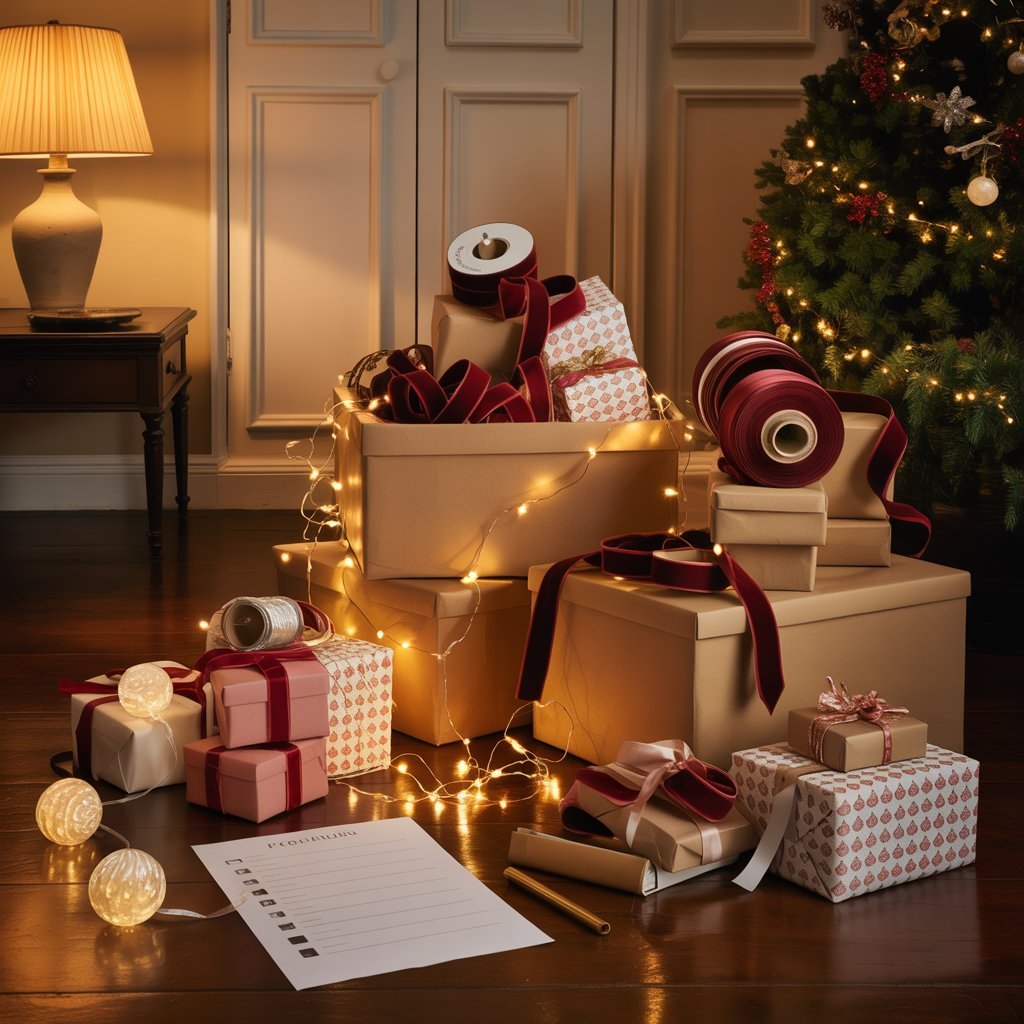 Christmas preparation scene with decorations, gift wrap, fairy lights and a printed checklist