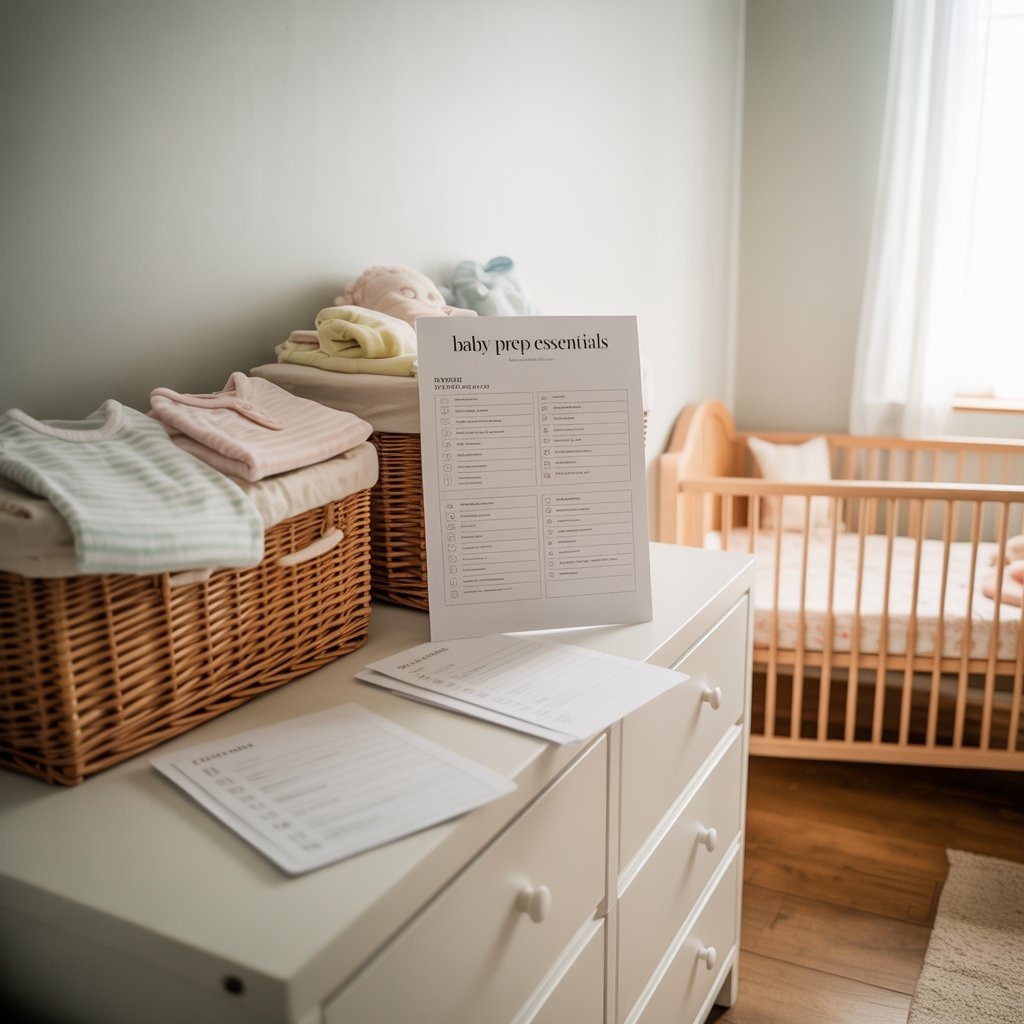 Tidy bedroom prepared for a new baby with baskets, folded clothes and a printed checklist