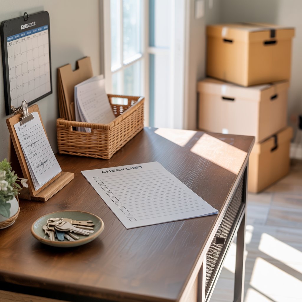 Organised hallway table with paperwork, keys and moving boxes in the background