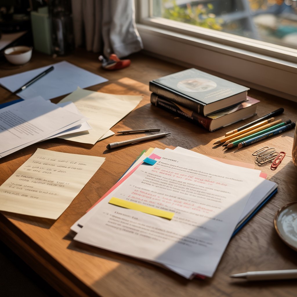 Sunny table with a checklist draft, notebook, tea and pens ready for an afternoon project