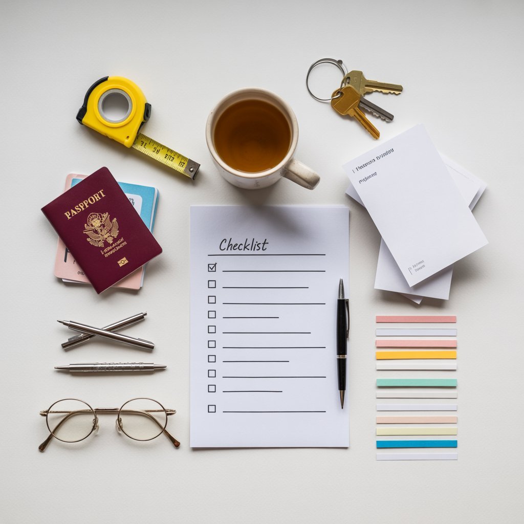 Styled desk with printed checklist templates, colour swatches and stationery for simple design work