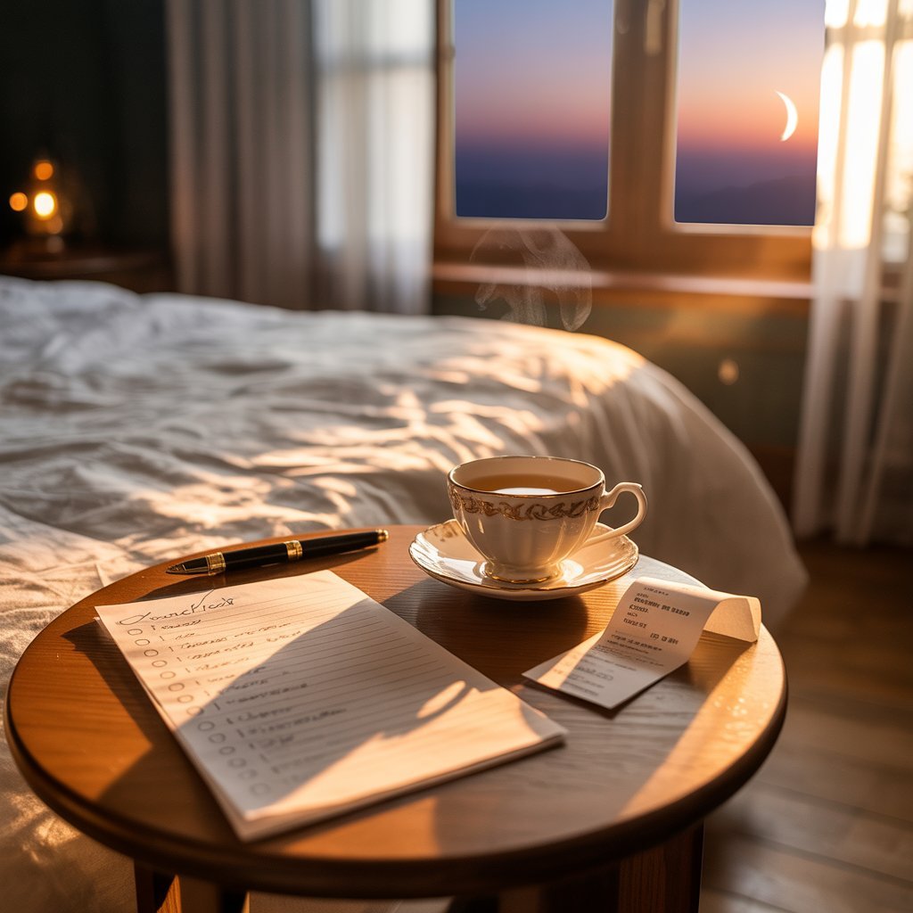 Bedside table at dawn with a teacup, printed receipt and paper checklist beside a rumpled bed
