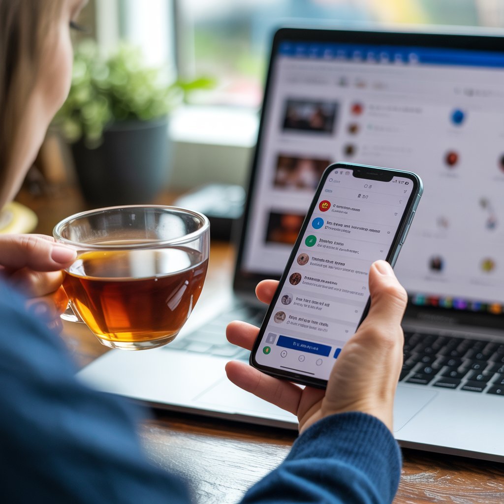 side hustle one hour a day A hand holding a smartphone showing social media, with a cup of cold tea nearby and a blurred laptop in the background, illustrating an hour lost to scrolling.