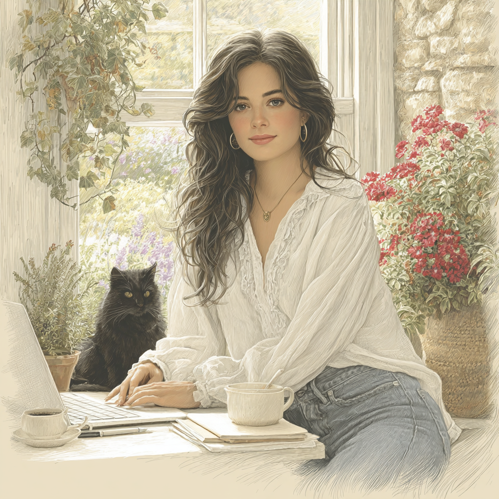 gentle online business for seniors A woman working calmly at a cottage desk with a laptop and a cup of tea, soft morning light coming through the window onto an autumn garden.